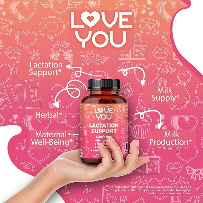Love You Lactation Support for Breastfeeding Moms – Herbal Milk Booster with Fenugreek Moringa &amp Goat’s Rue – Vegan Postnatal Supplement for Milk Flow &amp Energy – 60 Capsules