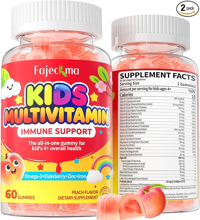 Organic Kids Multivitamin Gummies: Sugar Free Multi Vitamin Gummy with Vitamins D3 Iron Omega Probiotic Elderberry Calcium Zinc Dha - Immune Focus Health Support for Teen Boys Girls(120Count)