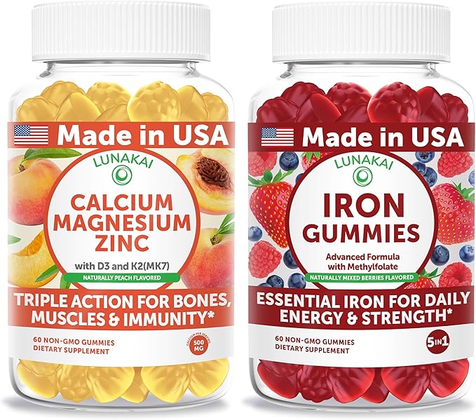 Lunakai USA Made Calcium Magnesium Zinc + Iron Gummies Bundle – Naturally Flavored Non-GMO – 60ct Each