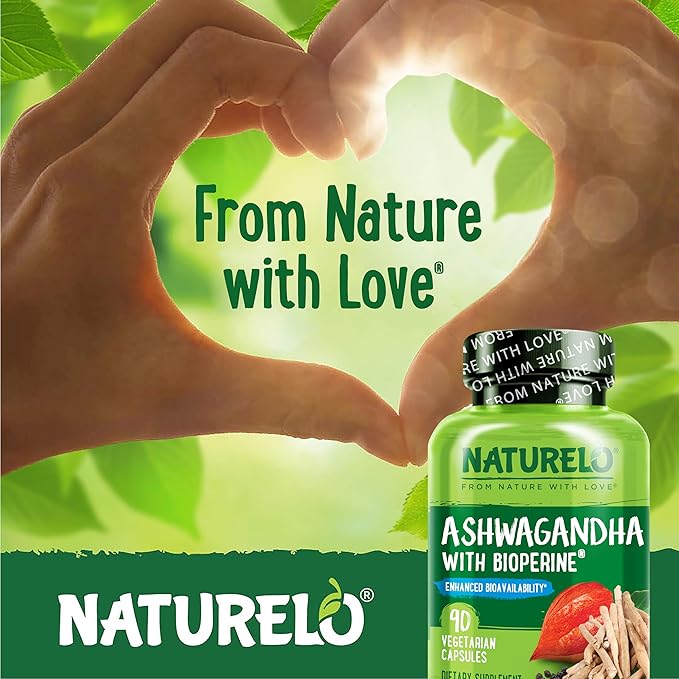 NATURELO Ashwagandha Organic Root Powder - Natural Herbs Supplement for Fatigue Stress Relief Mood Enhancer - with Black Pepper Extract - 90 Vegan Capsules