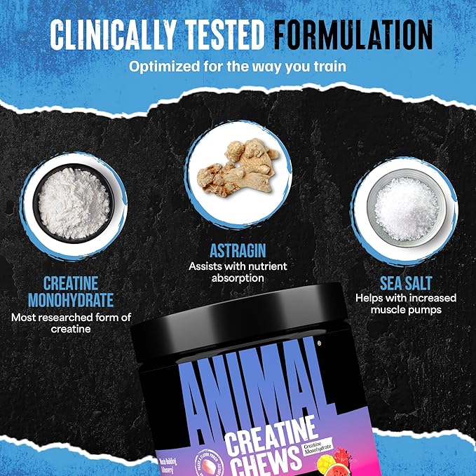 Animal Creatine Chews Tablets - Enhanced Creatine Monohydrate with AstraGin to Improve Absorption Sea Salt for Added Pumps Delicious and Convenient Chewable Tablets - Fruit Punch