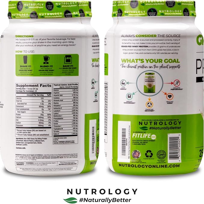 Nutrology Grass-Fed Whey Protein Powder Cold-Processed Grass Fed Whey &amp Amino Acid Powder for Enhanced Lean Muscle Recovery &amp Performance 28 Servings Shake Blend or Bake Vanilla Ice Crea