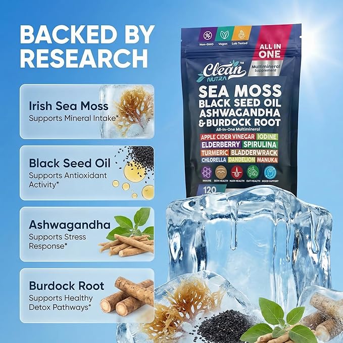 Clean Nutraceuticals Sea Moss Black Seed Oil Ashwagandha Turmeric Bladderwrack Burdock &amp Vitamin C Vitamin D3 with Elderberry Manuka Dandelion (120 Count (Pack of 1))