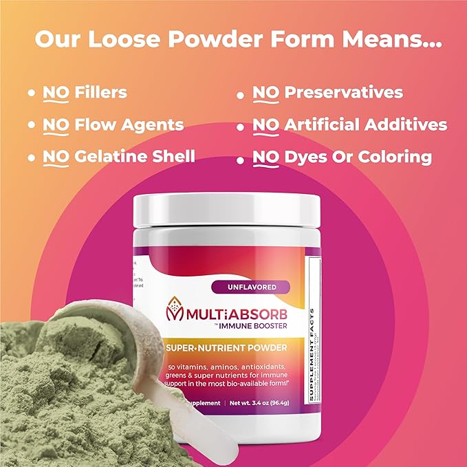 MultiAbsorb~Immune Booster Multi-Nutrient Powder for Optimal Health &amp Immune Support Vitamins Minerals Antioxidants Eye Health No Fillers Natural Non-GMO 30 Servings (Unflavored)