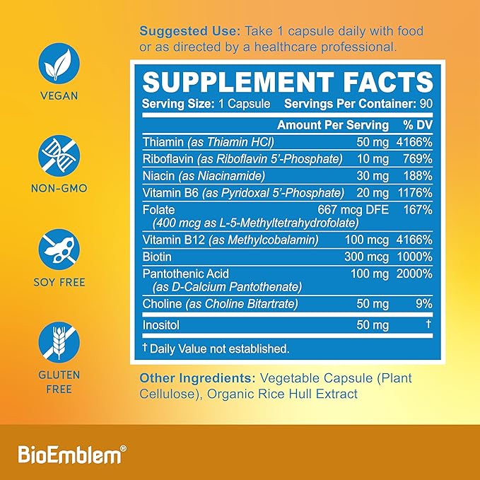 BioEmblem B Complex Vitamins | Complete B-Vitamin Formula with Active Methylated Forms | Supports Energy Mental Clarity &amp Immune Health | Non-GMO Vegan Soy-Free Gluten-Free |270 Capsules