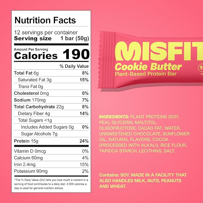 Misfits Vegan Protein Bars - Speculoos Cookie Butter | Nutrition Bars - 15g Protein 1g Sugar Plant-based Low Carb Non-GMO Gluten Free Snacks | Pack of 12