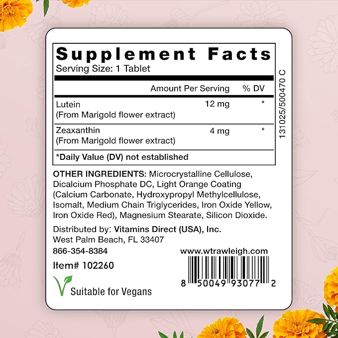Rawleigh Lutein &amp Zeaxanthin: 30 Vegan Tablets 12mg Lutein &amp 4mg Zeaxanthin (Macular Carotenoids) Based on The AREDs2 Study Eye Health Supplement &amp Vision Support for Adults Eye Vitami