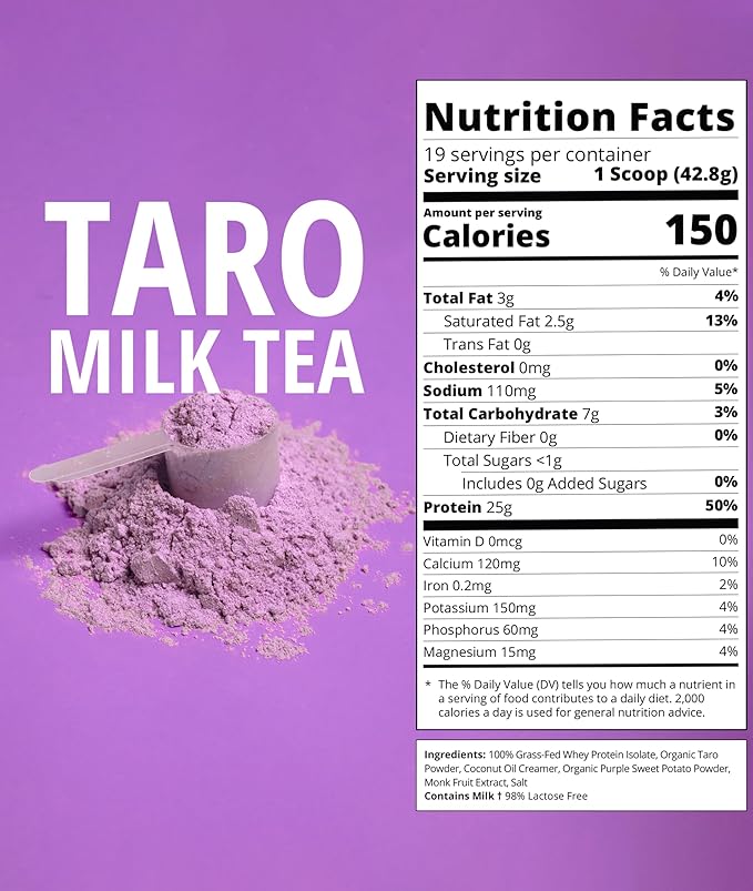 Taro Milk Tea | 25g Grass-Fed Whey Protein Isolate Powder | Gluten-Free &amp Soy-Free Bubble Tea Protein Drink | Real Ingredients &amp Lactose-Free Protein Drink | 19 Servings