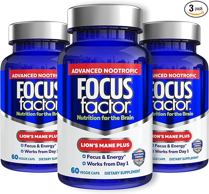 Focus Factor Lions Mane Plus Advanced Nootropic with L-Theanine Caffeine Focus and Energy (60 Count) (Pack of 3)
