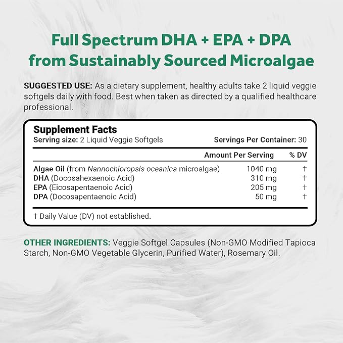 Naturalis Vegan Omega 3 DHA EPA &amp DPA from Algae | Vegan Society Certified Sustainably Sourced True Full Spectrum | 60 Veggie Softgels (Carrageenan Free)
