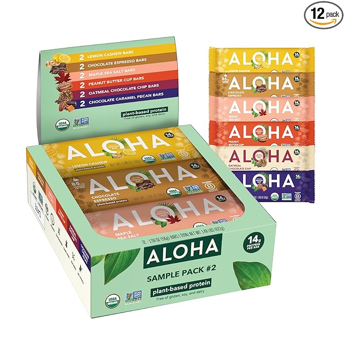 ALOHA Organic Plant Based Protein Bars - Sampler Pack #2-12 Bars Vegan Low Sugar Gluten-Free Paleo Low Carb Non-GMO No Stevia No Erythritol