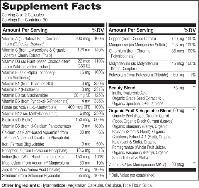 NATURELO Whole Food Multivitamin with Extra Hair Skin &amp Nails Support - Beauty Blend with Hyaluronic Acid &amp Grape Seed - High Potency Biotin Vitamin C &amp Glutathione 60 Vegan Capsules (