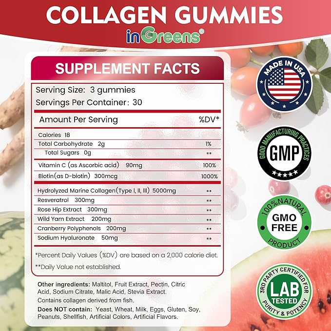 Collagen Peptides Gummies for Women - 5000mg Hydrolyzed Marine Collagen Sugar Free with Type IIIIII &amp Biotin 90 Count