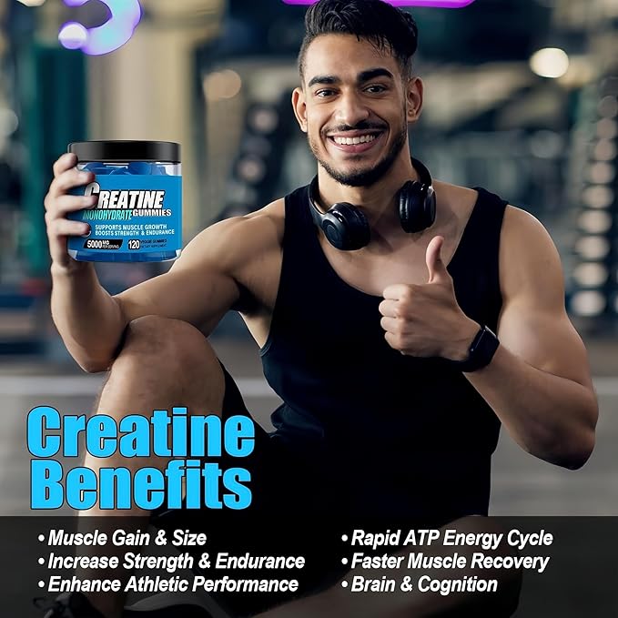 Sugar Free Creatine Monohydrate Gummies for Men &amp Women 5000mg Creatine Monohydrate Per Serving with L-Taurine Alpha GPC Betaine Anhydrous Natural Blueberry Flavor (120 Count)