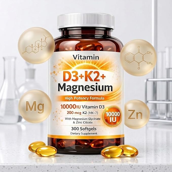 Vitamin D3 K2 Magnesium Bone &amp Muscle Support 10000 IU D3 with 200 mcg K2 MK-7 Magnesium Glycinate &amp Zinc Citrate 300 Softgels