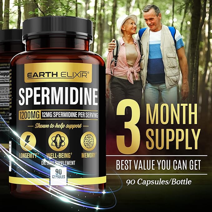 Earth Elixir Spermidine Supplements 1200mg (90 Capsules) – Anti Aging - 3rd Party Tested (12mg Spermidine Powder) Max Purity - 100% Pure Espermidina- Fermented Wheat Germ Extract - NMN Alternative