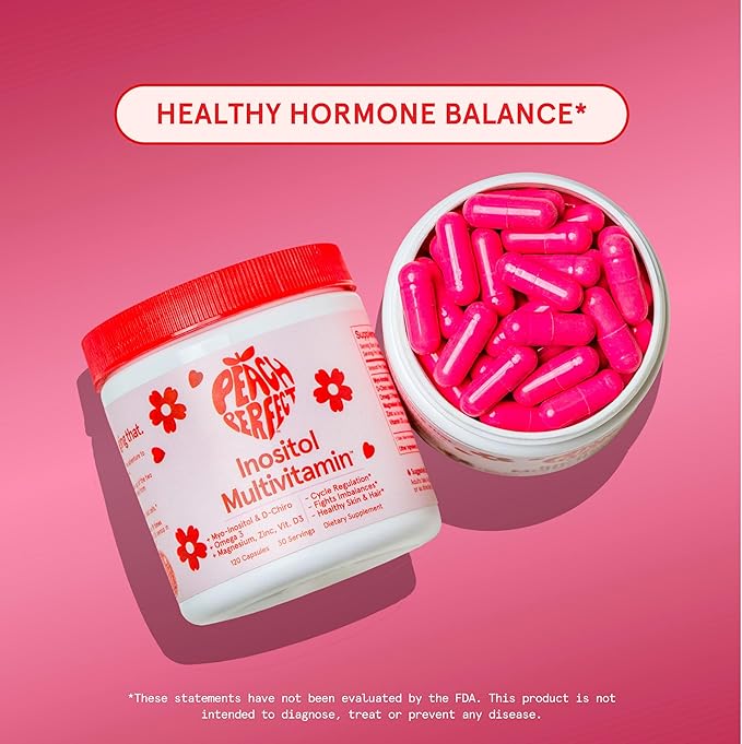 Peach Perfect Inositol Multivitamin – Myo-Inositol &amp D-Chiro 40:1 Blend Omega-3 Vitamin D3 Magnesium Zinc – Supports Women’s Health Mood Energy Supplement – 30 SVG