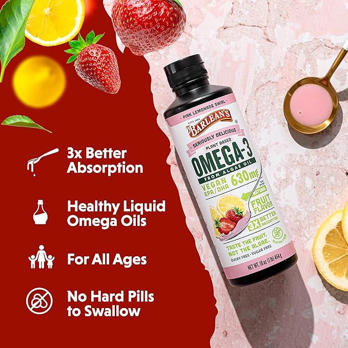 Barlean's Pink Lemonade Vegan Omega 3 Supplement Liquid Algae Oil with 630 mg EPA &amp DHA Plant Based Omegas from Algal Oil Non-GMO &amp Gluten Free 16 oz