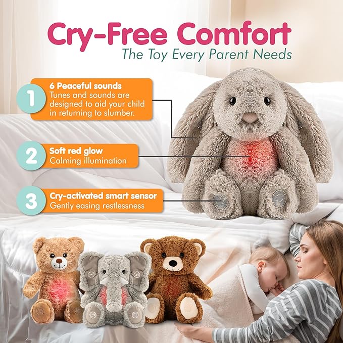 Gemma Joy Bedtime Baby Soothers &amp StickyOnes Sleep Patches - Cry Activated Heartbeat Bunny Plush Toy Stuffed Animal with Calming Light &amp All-Natural No Melatonin Bedtime Patches for Kids and