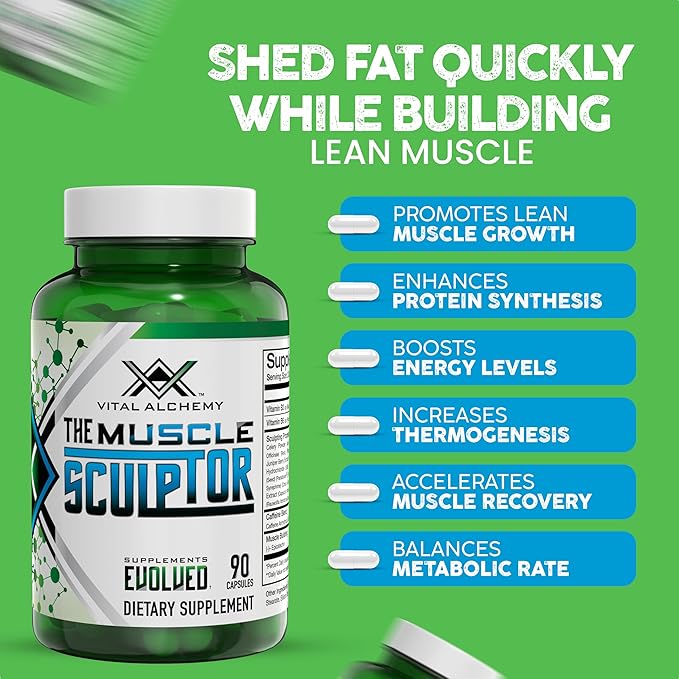 Vital Alchemy The Muscle Sculptor– Muscle Builder with Vitamin B3 B6 Phosphatidylserine Epicatechin &amp Cayenne – Supports Muscle Growth Focus Energy &amp Protein Synthesis Made in USA – 90 C