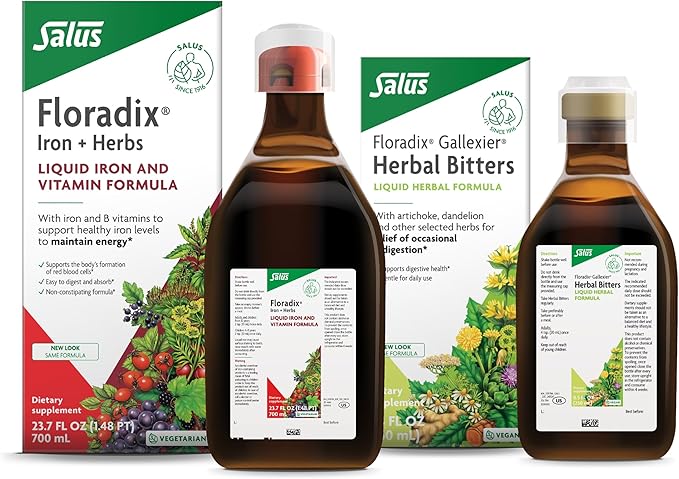 Floradix by Salus Gallexier Herbal Bitters (8.5 oz) &amp Iron &amp Herbs (23.7 oz) Bundle - Herbal Bitter for Digestive Support* - Iron Supplement for Healthy Energy Support*