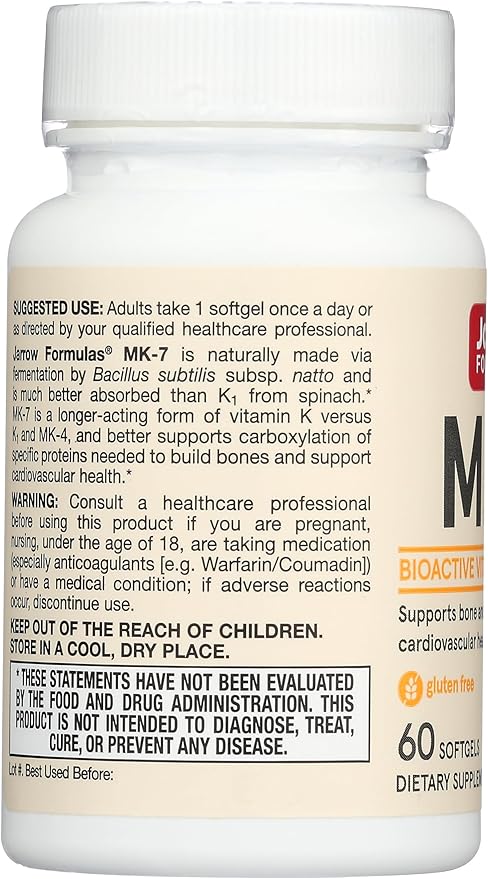 Jarrow Formulas MK-7 90 mcg - Bioactive Form of Vitamin K2-60 Servings (Softgels) - for Bone &amp Cardiovascular Health - Vitamin K2 MK-7 Dietary Supplement - K2 Vitamin Supplement MK-7 - Gluten Free