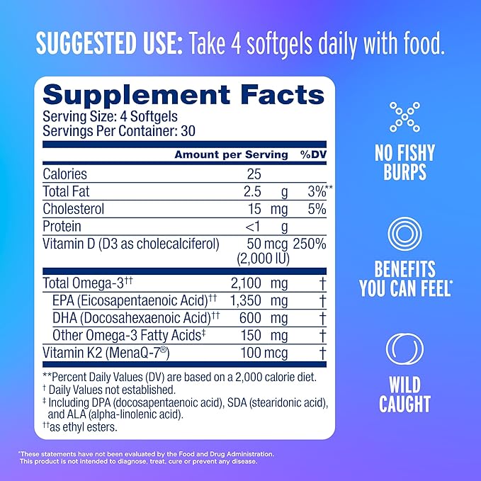 Oceanblue Professional Omega-3 2100 with Vitamin K2 and Vitamin D3-60 Count 2 Pack - Triple Strength Burpless Fish Oil Supplement with EPA DHA &amp DPA - Wild Caught - Orange Flavor - 60 Servings