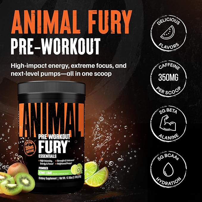 Animal Fury Pre Workout Powder - Kiwi Lime 350mg Caffeine BCAA Amino Acids 2g Beta Alanine Citrulline &amp Tyrosine Energy Focus Strength Endurance Preworkout for Men &amp Women 30 Serving
