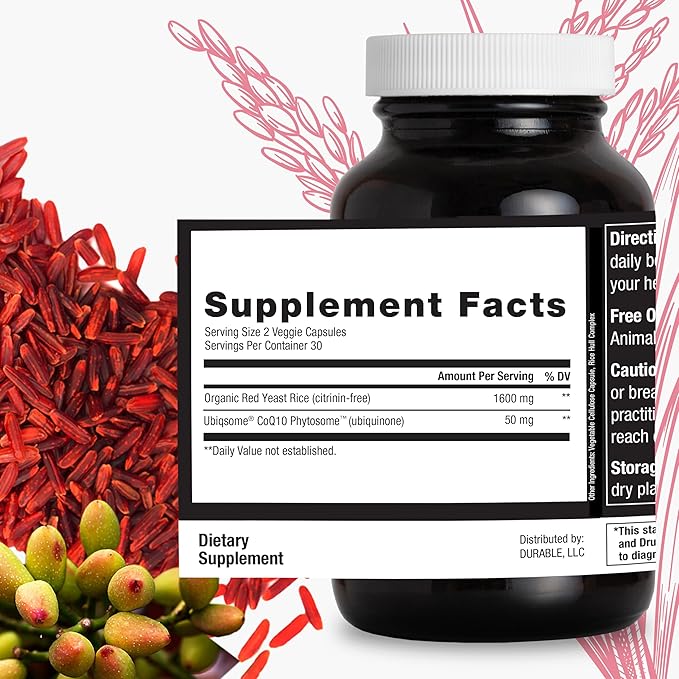Durable RED Yeast Rice – Organic 1600 mg Extra Strength + CoQ10 Phytosome – Supports Healthy Cholesterol Heart Lipids &amp Circulation – Doctor Formulated Non-GMO Vegan Made in USA (180 Capsule