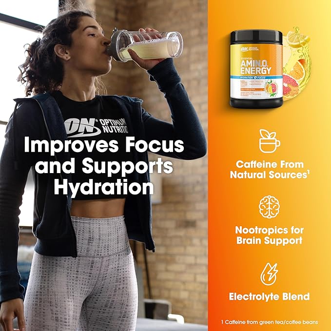 Optimum Nutrition Amino Energy Powder Plus Focus with BCAA Electrolytes and Caffeine Sunkissed Citrus 65 Servings (Packaging May Vary)