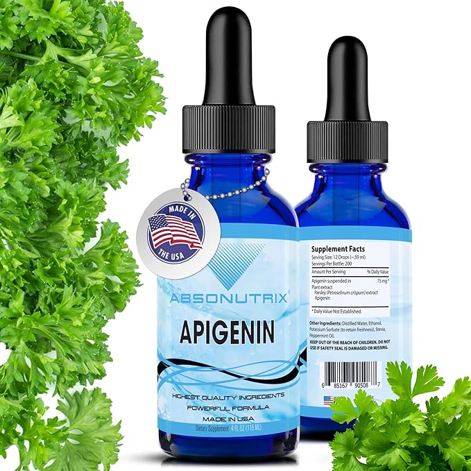 Absonutrix Apigenin 75 mg per Serving 4 Fl Oz Bottle 200 Potent Servings Made in USA Quick Absorption Quality Potent Ingredients Non-GMO GMP Certified Facility Cruelty-Free Products