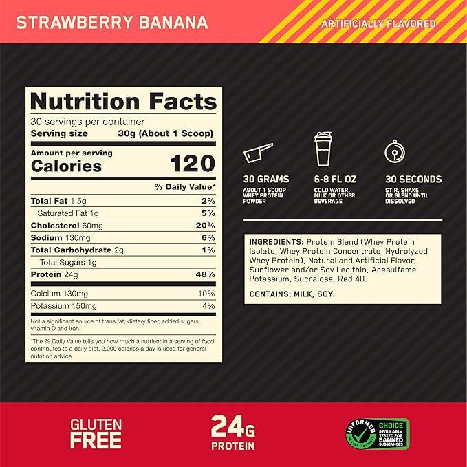 Optimum Nutrition Gold Standard 100% Whey Protein Powder Strawberry Banana 2 Pound (Packaging May Vary)