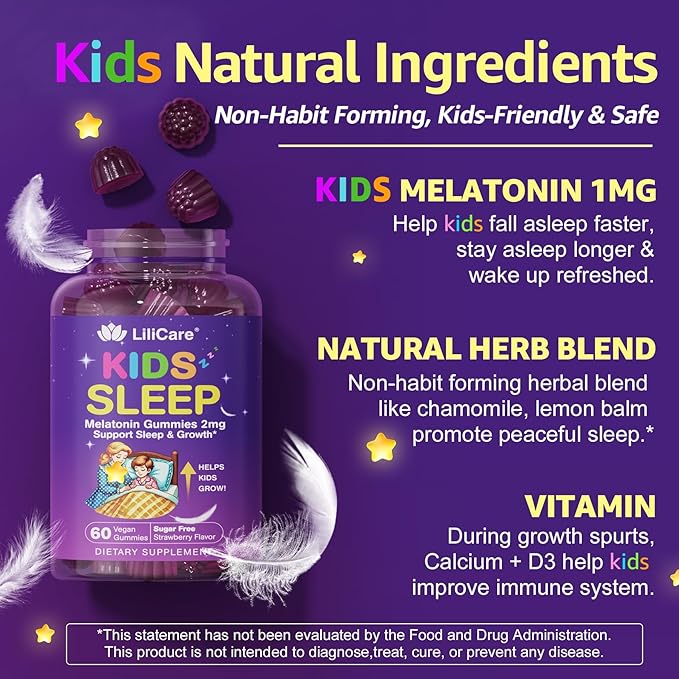 Kids Sleep Gummies Kid Calcium Gummies + D3 Sleep Aid Kid Ashwagandha Gummy Phosphatidylserine L-Theanine for Brain Focus Unwind Sweet Dream Magic Supplement for Kids Parents 2Pack