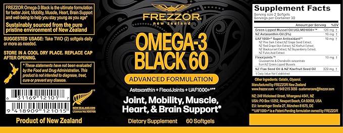 FREZZOR Omega 3 Black - Highest Strength Green Lipped Mussel Oil Capsules Made in New Zealand UAF1000+ Inflammation Joint Care &amp Relief Heart &amp Immune Support 60 Count (Pack of 4)