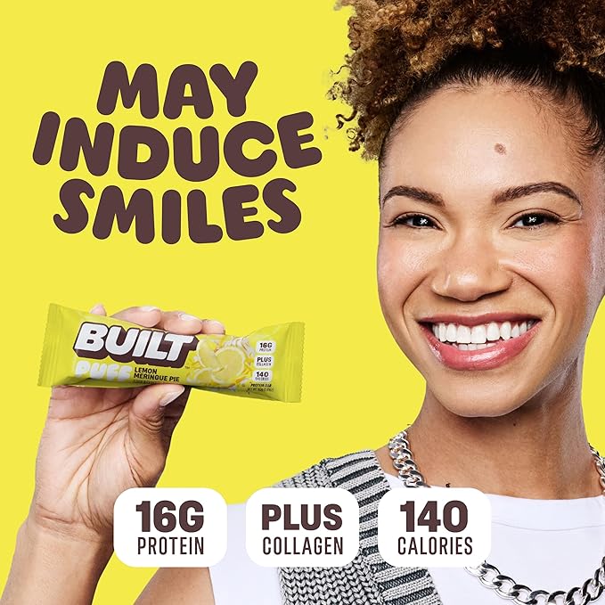 BUILT Bar Puff Protein Bars - Lemon Meringue Pie - 16g Protein Snack Bars with Collagen - Calorie Conscious &amp Gluten Free - 12 Count