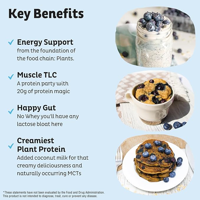 KOS Plant Based Protein Powder Blueberry Muffin - Organic Pea Protein Superfood with Spirulina and Immune Support Blend. Soy Gluten Dairy Free - Vegan Meal Replacement for Women &amp Men - 10 Serv