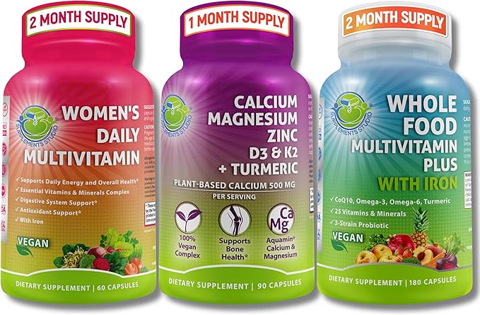 Vegan Multivitamins &amp Calcium Trio–Whole Food Multivitamin with Iron + Women’s Daily Multivitamin with Iron + Plant-Based Calcium Magnesium Zinc D3 K2 &amp Turmeric – Energy Bone &amp Immun