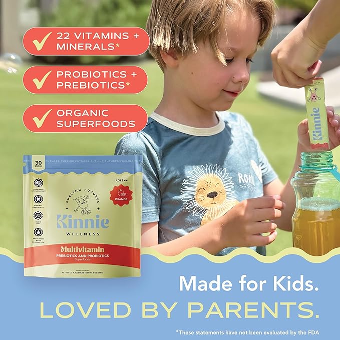 Kids Multivitamin with Pre/Probiotic &amp Organic Superfoods for Kids - 22+ Vitamins &amp Minerals - Sugar-Free Orange Flavor - Immune Gut &amp Oral Health Support - Ages 4+ (30 Sticks)