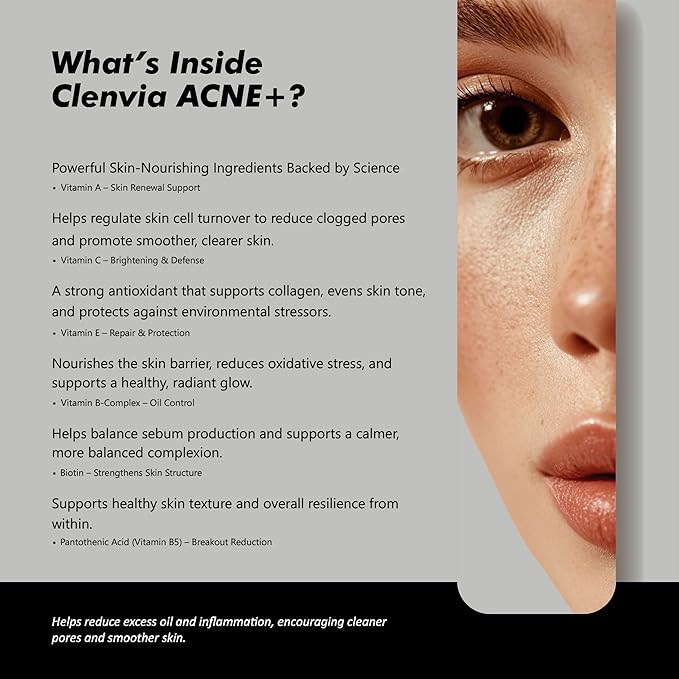 Acne+ Teen Skin Supplement – Vitamins A C E B Biotin &amp Pantothenic Acid – Supports Clear Skin Balanced Oil Production &amp Healthy Glow – 90 Vegetarian Capsules