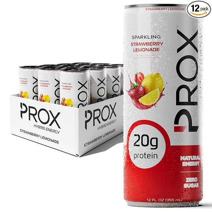 PROX Hybrid Energy Drink with 20g Protein Zero Sugar 200mg Natural Caffeine 90 Calories 12 Pack (Strawberry Lemonade)