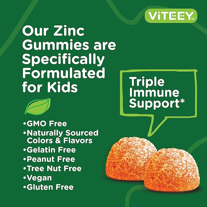 Viteey Zinc for Kids Gummies 10mg with Vitamin C &amp Echinacea - Immune Support Powerful Natural Antioxidant Kids Zinc Vitamin Supplement - Vegan Gelatin Free - Tasty Chewable Orange Flavor Gumm