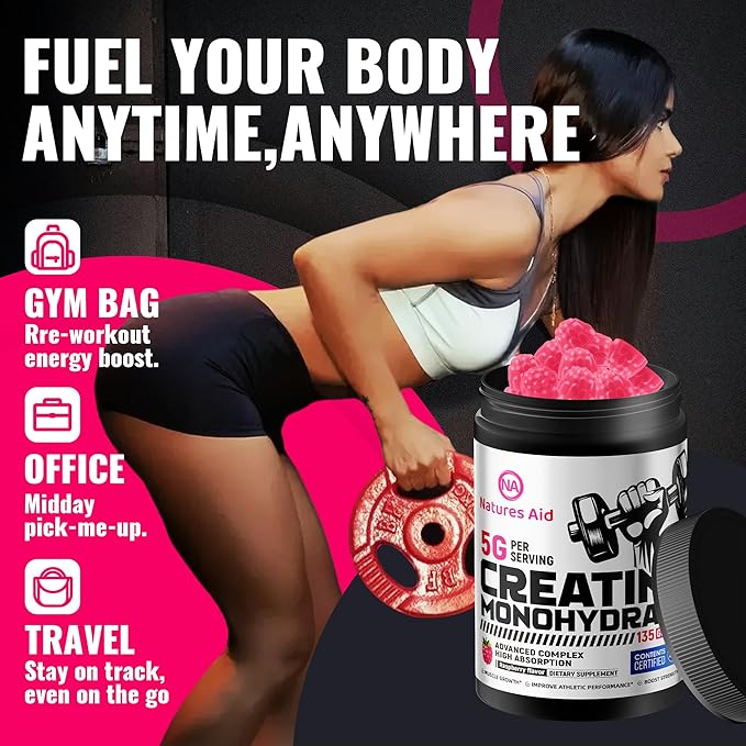Natures Aid NSF Certified Creatine Gummy 5g - Creatine Monohydrate Gummies – Pre-Workout Energy &amp Muscle Growth Support for Men &amp Women | Raspberry Electrolyte Gummies (135 Count)
