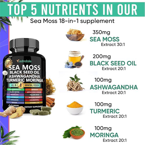 Adndale Sea Moss Capsules - Sea Moss Blend with Ashwagandha Turmeric &amp Black Seed Oil - 90 Count