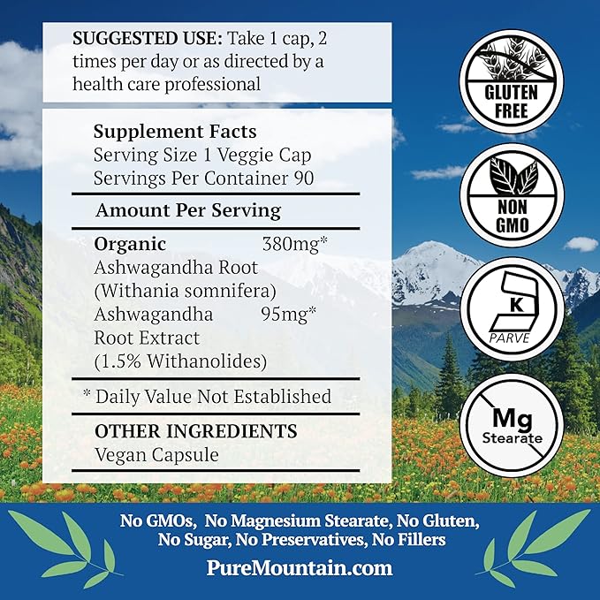 Pure Mountain Botanicals Ashwagandha Capsules - 90 Kosher Vegan Caps with 475mg Organic Ashwagandha Root &amp Potent Ashwagandha Extract