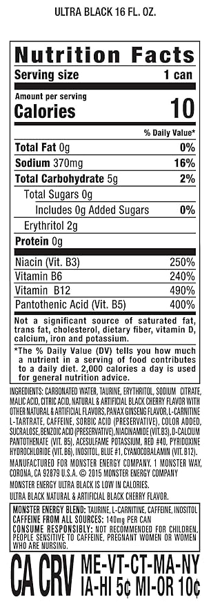 Monster Energy Ultra Black Sugar Free Energy Drink 16 Ounce | Pack of 15
