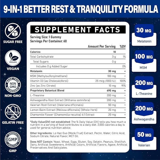 Melatonin Gummies 30mg for Adults: Maximum Strength Melatonin Supplement with L-Theanine Ashwagandha MSM Vitamin D3 &amp Zinc - Non-Habit Forming Natural Mixed Berry Flavor 60 Count (Pack of 1)