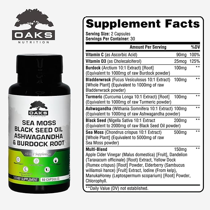 Premium 15-in-1 Sea Moss Multivitamin with Black Seed Oil Ashwagandha Turmeric Bladderwrack Burdock Elderberry Vitamin C &amp D3 Manuka Honey &amp ACV – 60 Capsules