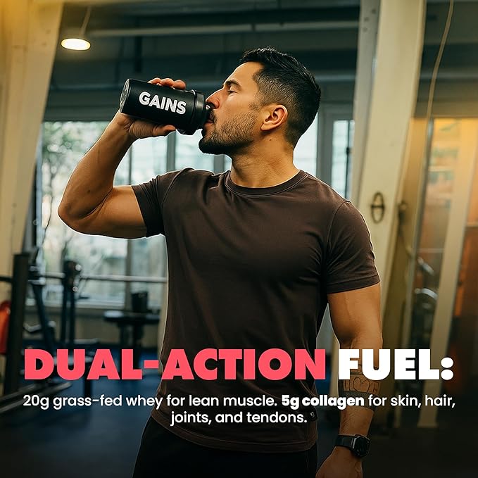 Gains in Bulk Lean Protein Powder With Collagen Peptides Gluten Free Grass Fed Whey 20 G Protein &amp 5 G Collagen Plant Enzymes to Support Digestion Natural Flavor Strawberry Shortcake 27 Serv