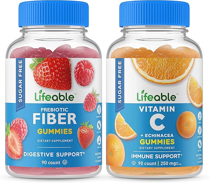 Lifeable Sugar Free Prebiotic Fiber + Vitamin C Gummies Bundle - Great Tasting Vitamin Supplement Gluten Free GMO Free Chewable Gummy