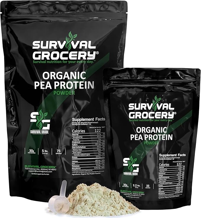 Survival Grocery® Organic Pea Protein - Organic Non-GMO North American Grown &amp Produced Gluten Free Vegan Survival Grade Protective Bulk Bags with Long Shelf Life (5 lbs./1 Bag)